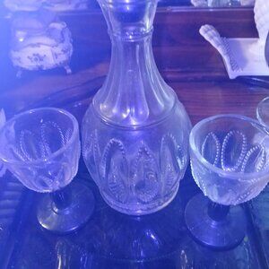 avon green tray 12 in long with bottle 12 in tall clear color with 2 glasses